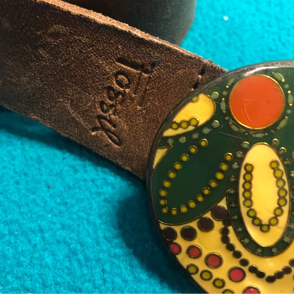Vintage Fossil Belt w Floral Enameled Buckle Sz S - Picture 2 of 11
